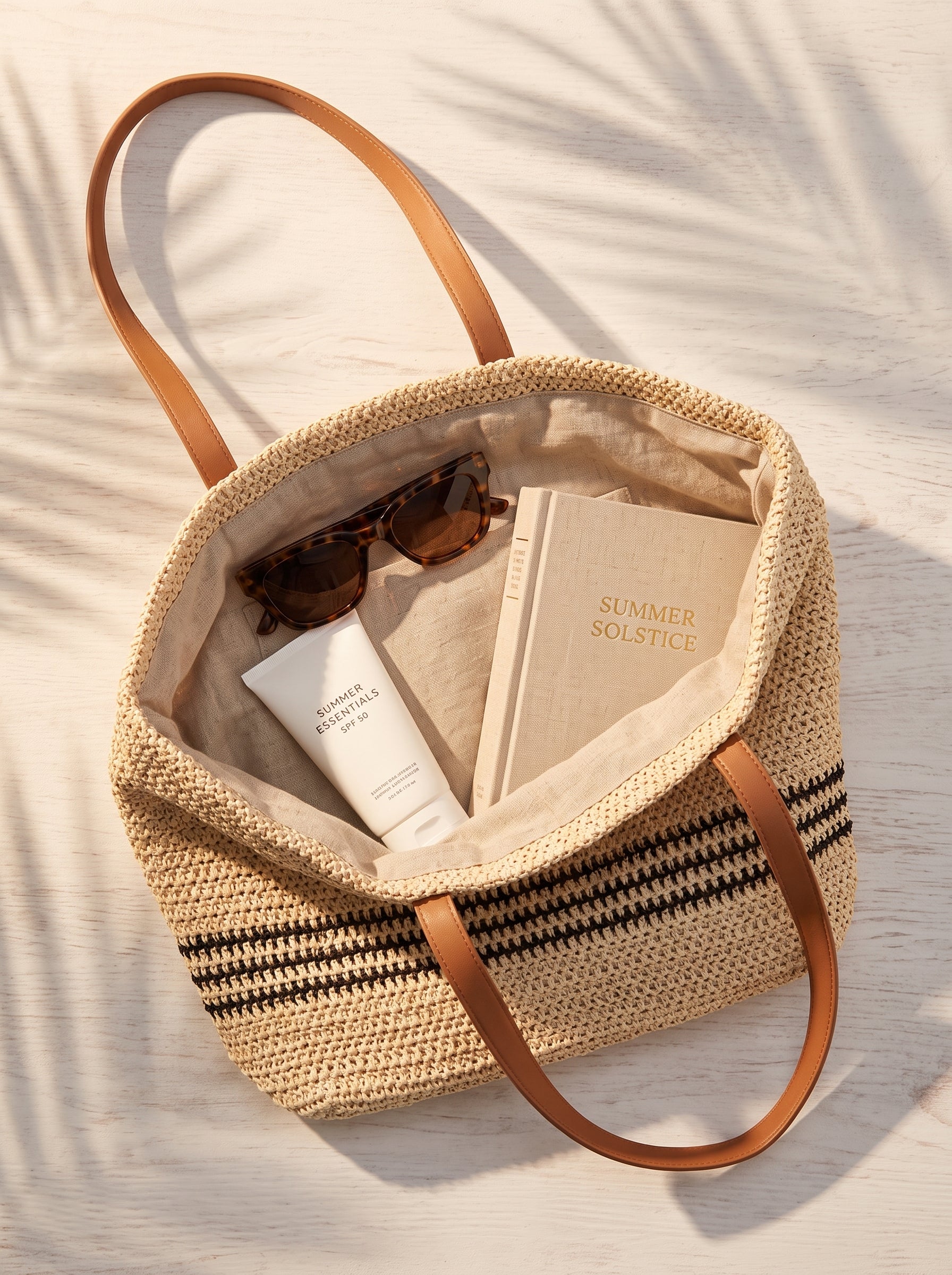 Interior del bolso de crochet con gafas de sol y protector solar