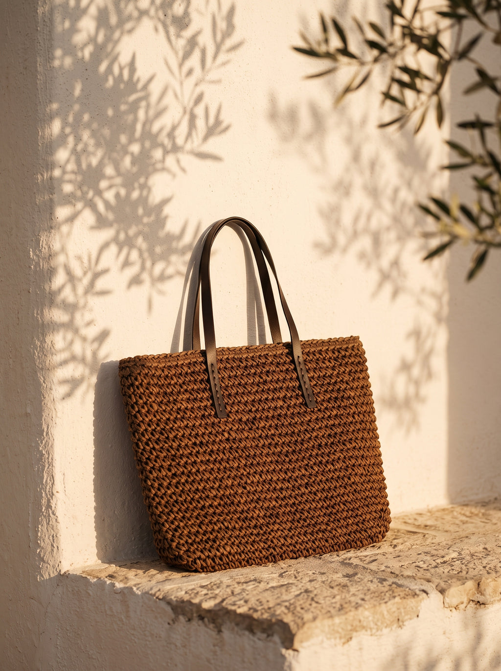 Bolso capazo tejido XL Menorca sobre pared blanca al atardecer