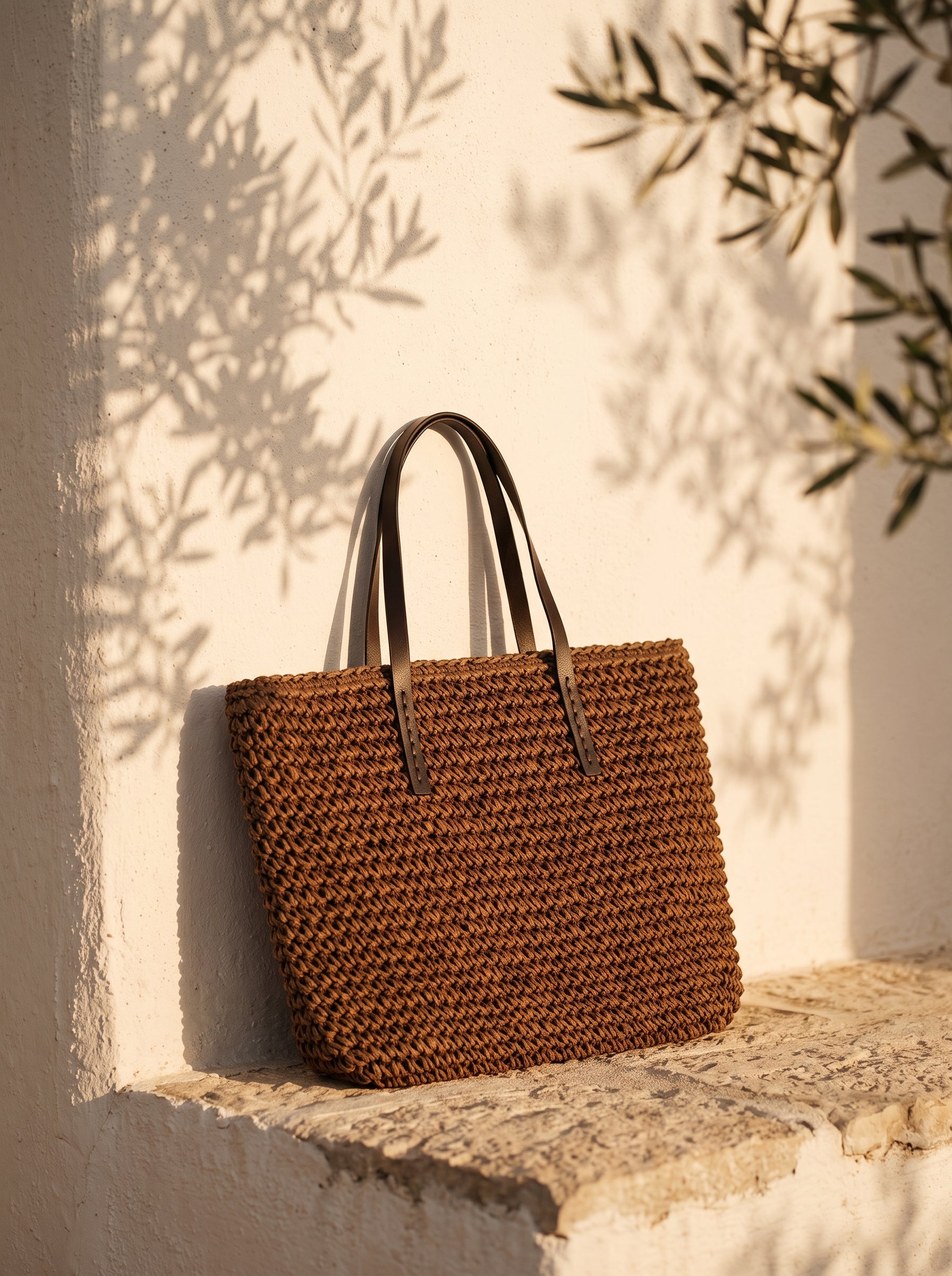 Bolso capazo tejido XL Menorca sobre pared blanca al atardecer