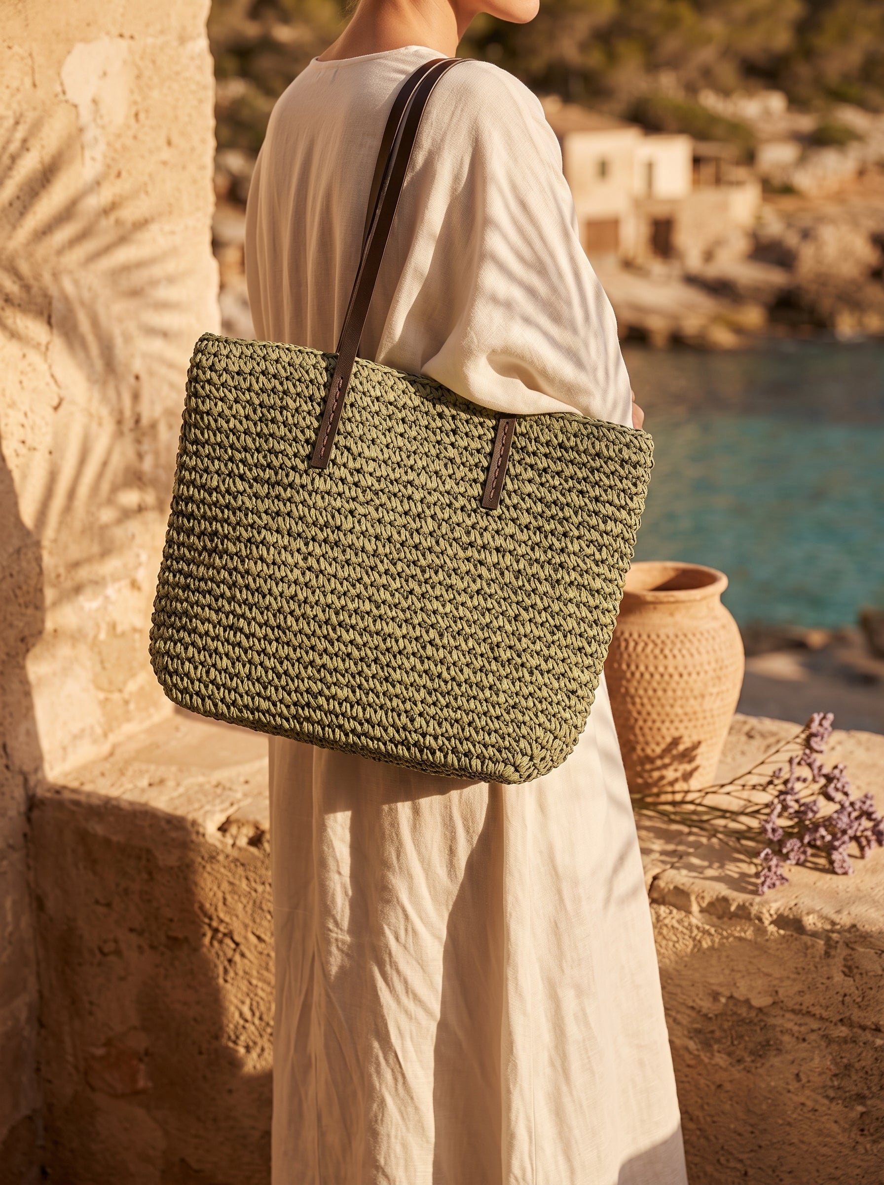 Bolso capazo tejido al hombro con vestido midi