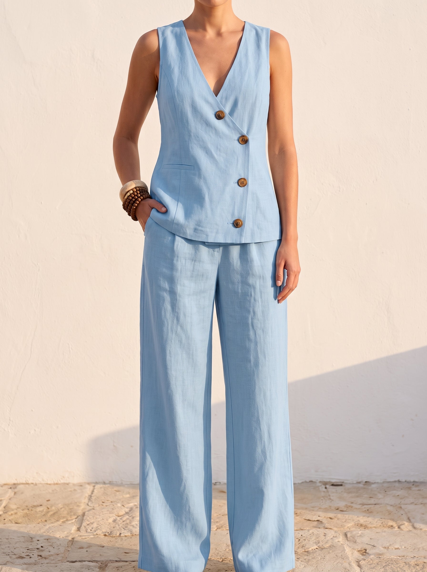 Conjunto Formentera llevado con el cardigan abierto