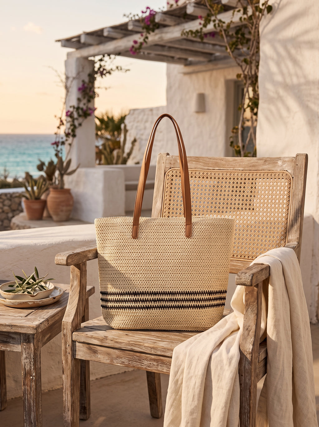 Bolso de crochet a rayas sobre silla de madera
