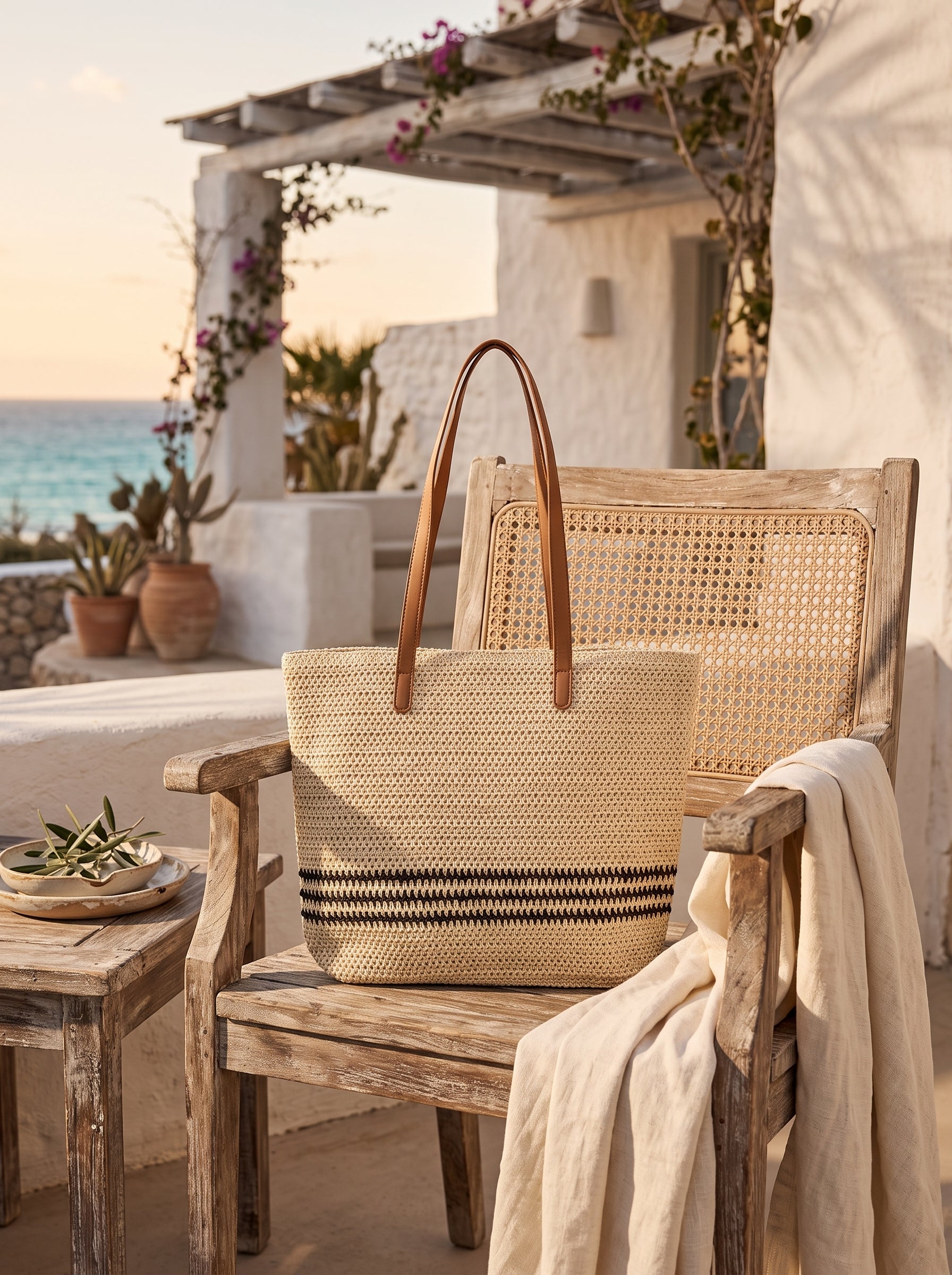 Bolso de crochet a rayas sobre silla de madera