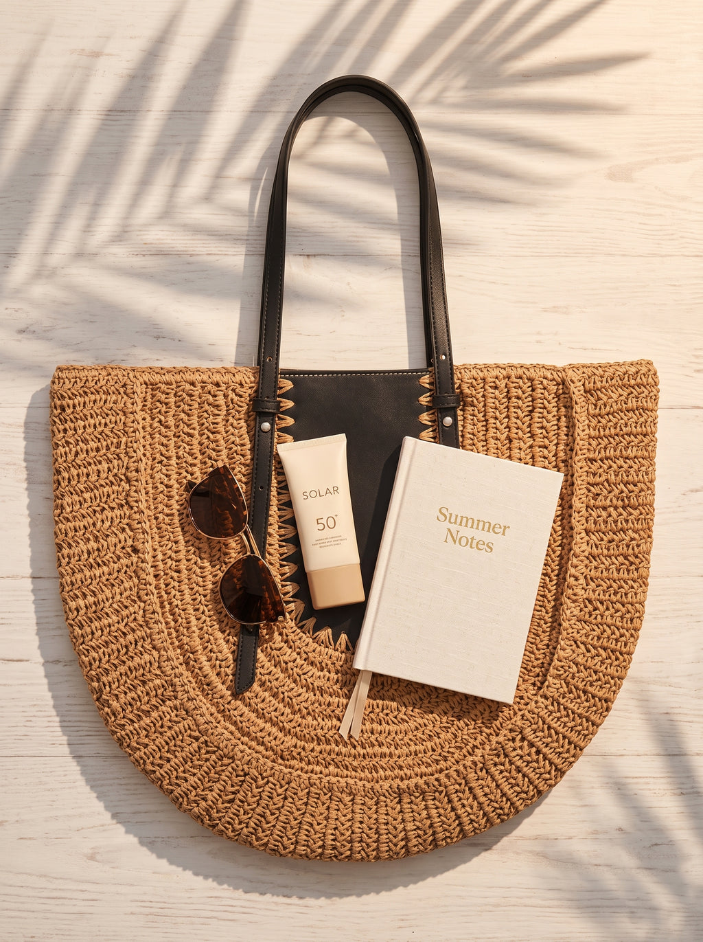Bolso semicirculo abierto con gafas de sol y protector solar