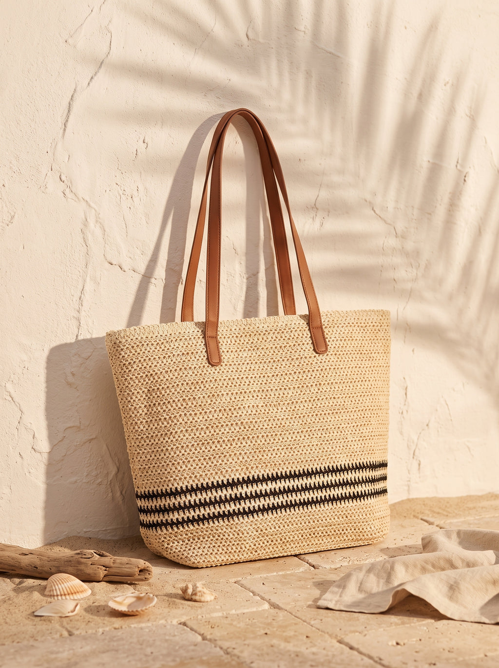 Bolso capazo de crochet a rayas beige Ibiza de Aleracor