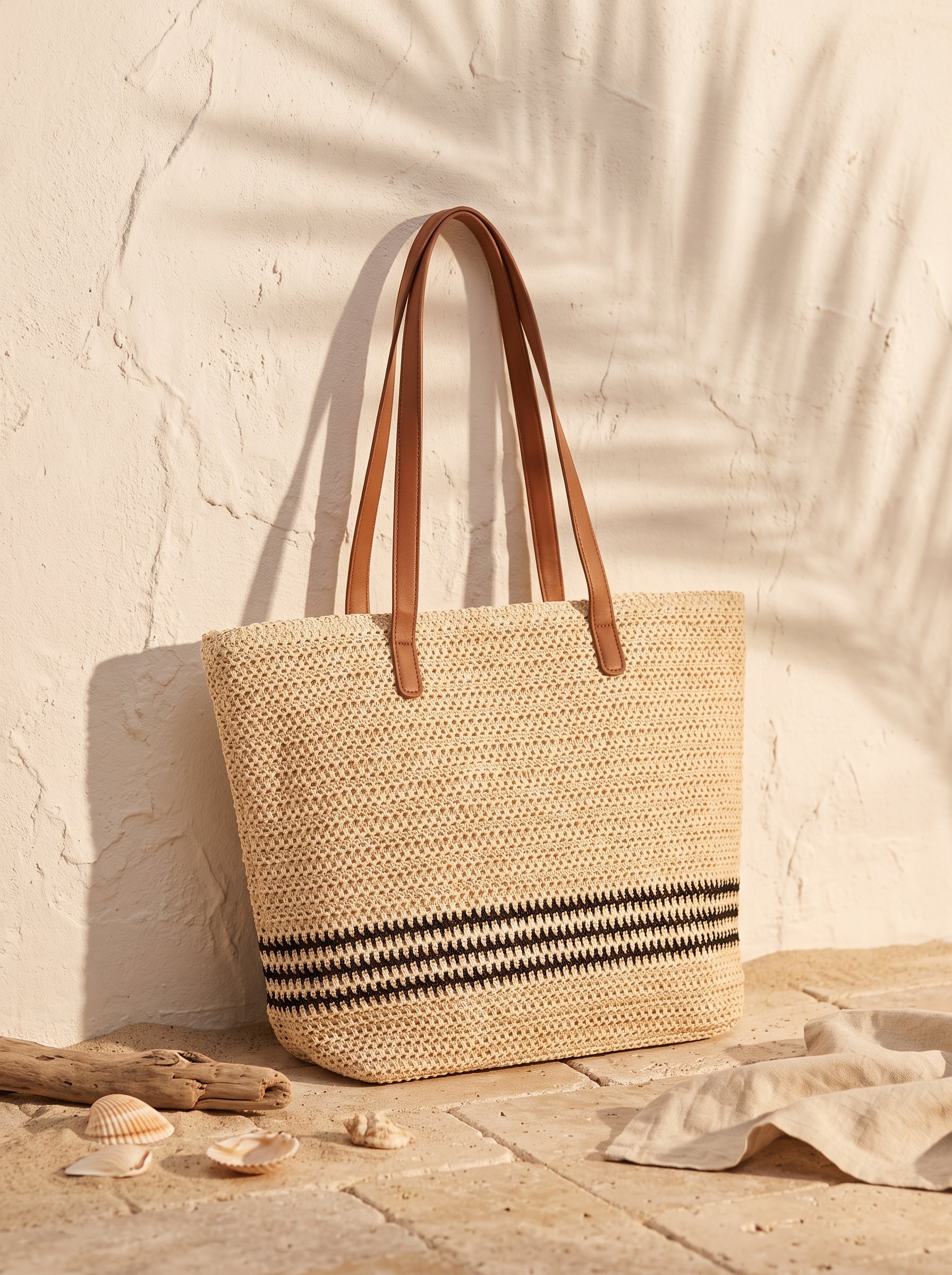 Bolso capazo de crochet a rayas beige Ibiza de Aleracor