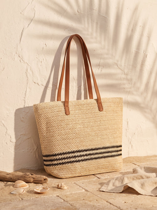 Bolso capazo de crochet a rayas beige Ibiza de Aleracor