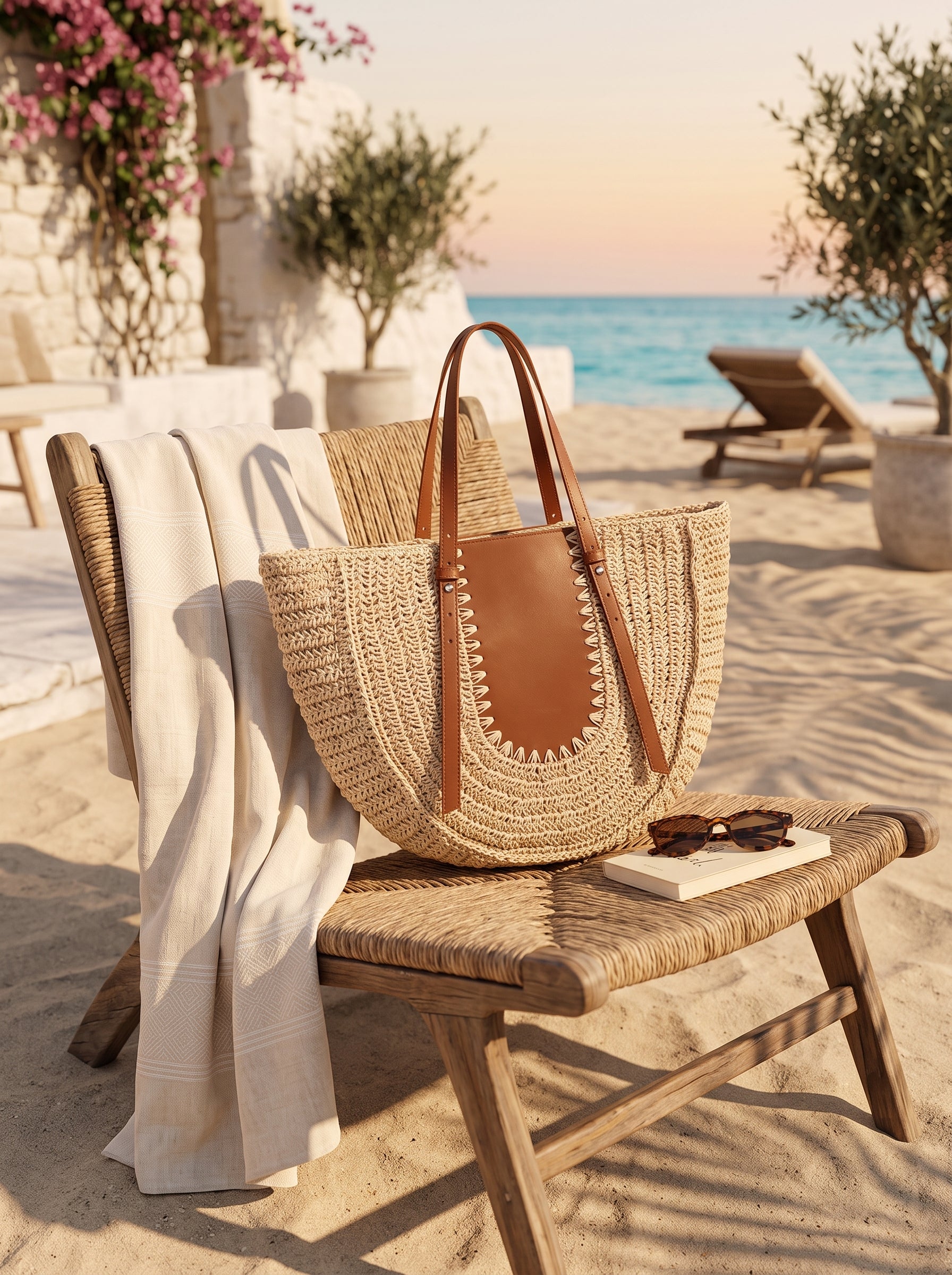 Bolso semicirculo tejido en silla de terraza